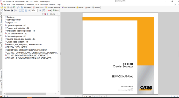 Service repair manual for Case cx130d excavator, displaying key repair procedures and maintenance instructions