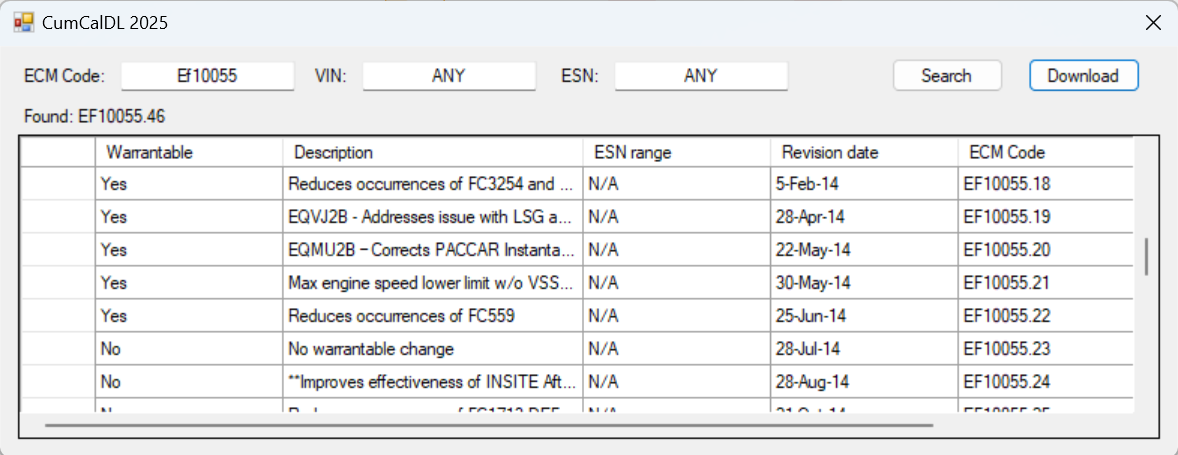 Commins Incal Downloader CalDL 2025 Professional Tool 3 Cummins CumCal 2025 software showing ECM calibration search results with ECM code, VIN, ESN, revision date, and downloadable calibration files