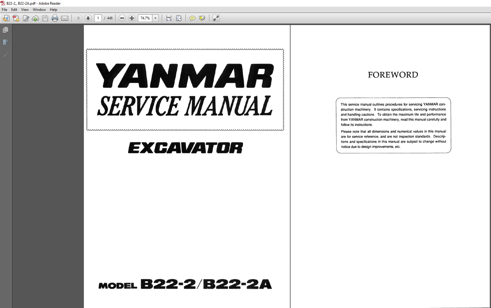 Yanmar B22-2A Excavator Service Repair Manual PDF Download