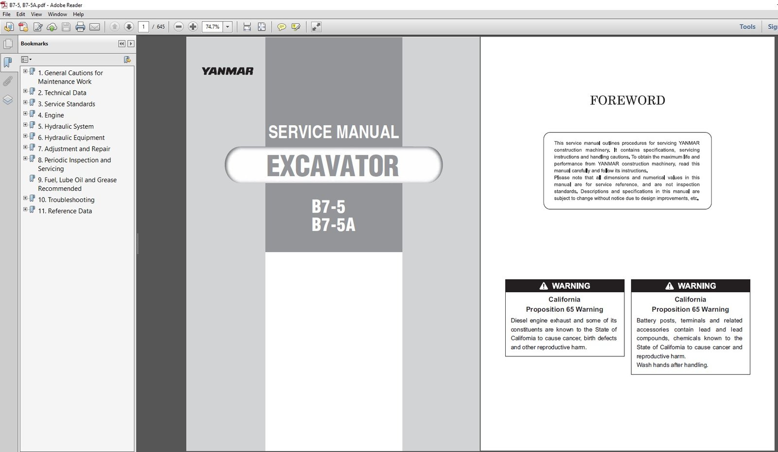 Yanmar B7-5 Excavator Service Repair Manual cover featuring the model name and technical illustrations