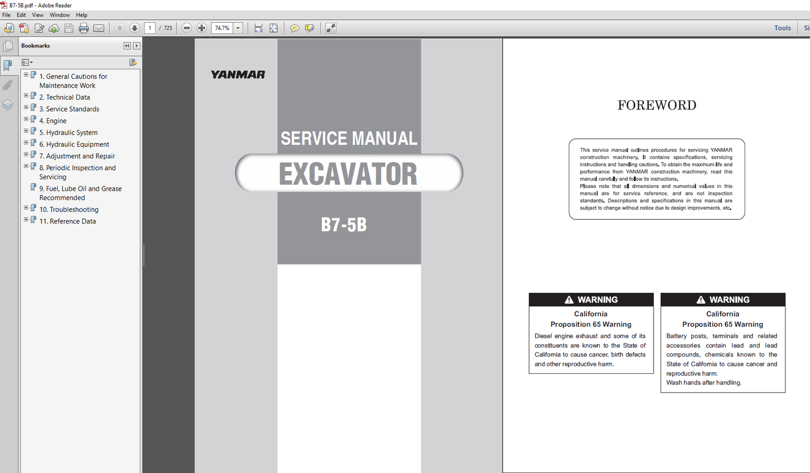 Yanmar B7-5B Excavator Service Repair Manual cover featuring the model name and technical illustrations