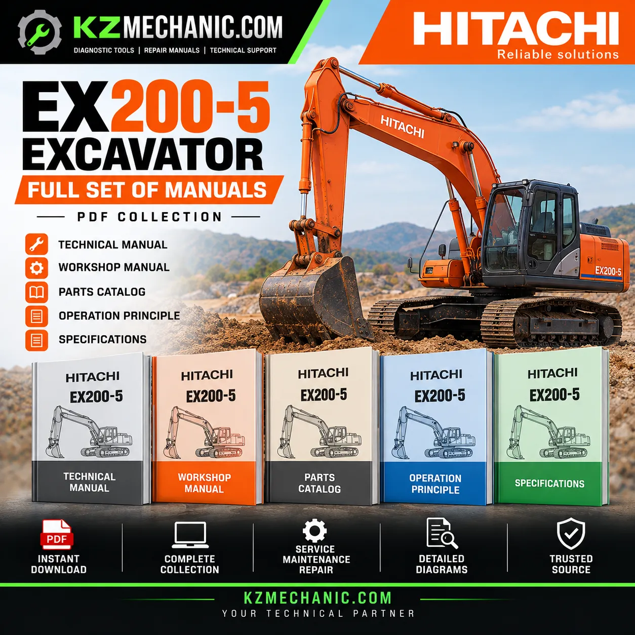 Hitachi EX200-5 Excavator Full Set of Manuals Collection 1 Hitachi EX200-5 Excavator Full Set of Service Workshop Parts and Technical Manuals PDF