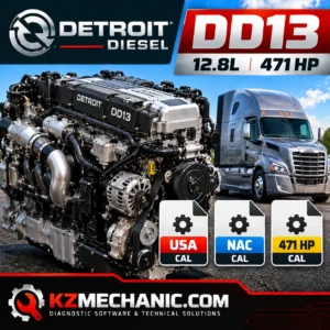 Detroit Diesel DD13 12.8L 471 HP engine calibration files featuring DD13 diesel engine, semi-truck and USA NAC CAL file icons