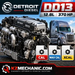 Detroit Diesel DD13 12.8L 370 HP engine calibration files product image featuring DD13 diesel engine, semi-truck and CAL, MAX CAL, XCAL file icons
