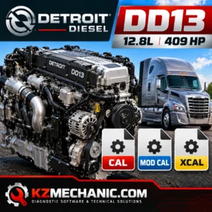 Detroit Diesel DD13 12.8L 409 HP engine calibration files product image featuring a DD13 diesel engine, semi-truck and CAL, MOD CAL and XCAL file icons