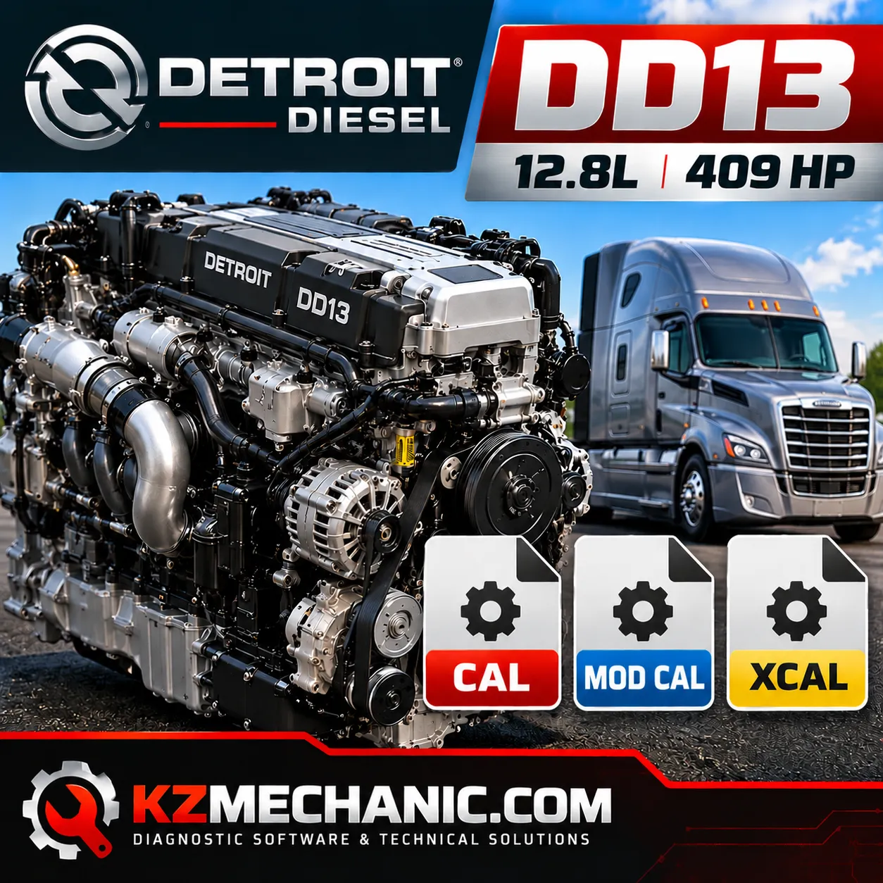 Detroit Diesel DD13 12.8L 409 HP Engine Calibration Files – CAL, MOD CAL & XCAL 1 Detroit Diesel DD13 12.8L 409 HP engine calibration files product image featuring a DD13 diesel engine, semi-truck and CAL, MOD CAL and XCAL file icons