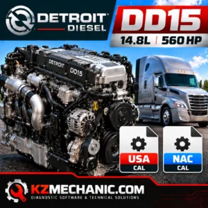 Download Detroit Diesel DD15 14.8L 560 HP engine calibration files. Includes USA and NAC CAL variants in a digital ZIP package. Verify ECM compatibility.