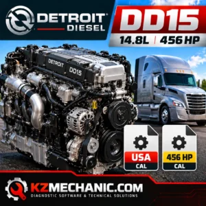 Detroit Diesel DD15 14.8L 456 HP engine calibration files featuring DD15 diesel engine, semi-truck, USA CAL and standard 456 HP CAL icons