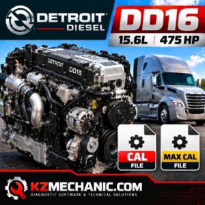 Download Detroit Diesel DD16 15.6L 475 HP engine calibration files. Includes standard CAL and MAX CAL variants in a ZIP package. Verify ECM compatibility.