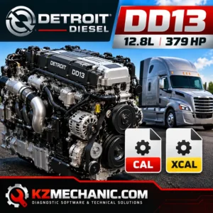 Detroit Diesel DD13 12.8L 379 HP engine calibration files product image featuring DD13 diesel engine, semi-truck and CAL XCAL file icons
