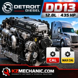 Detroit Diesel DD13 12.8L 435 HP engine calibration files featuring a DD13 diesel engine, semi-truck, CAL and MAX CAL file icons